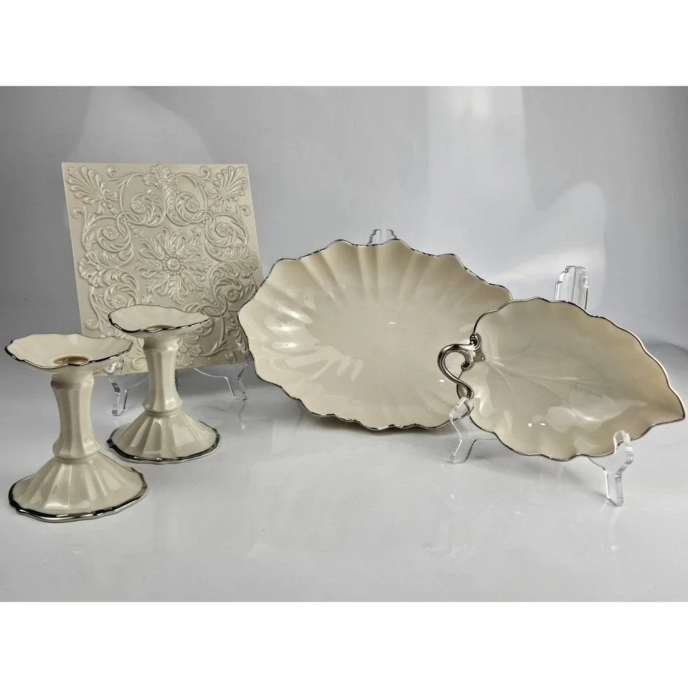 Collection of 5 Lenox‎ Ivory Platinum Candlesticks Trivet Candy & Scallop Dishes